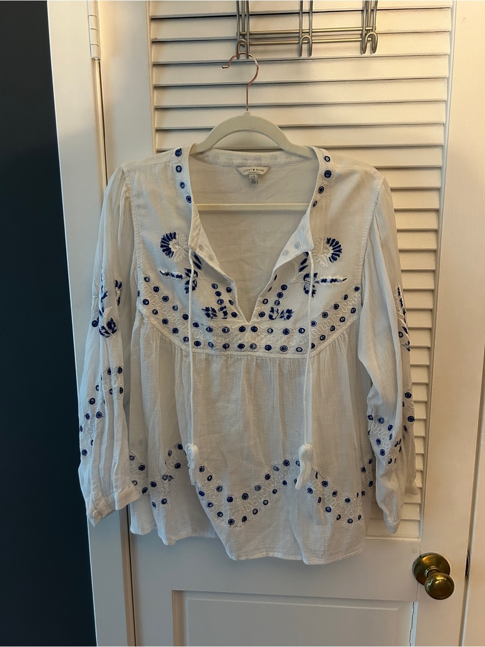 Lucky Brand White Peasant Blouse with Blue Embroidery